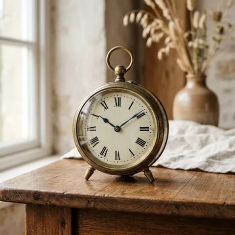 The front, with the dial in focus. An antique clock, leather-bound book, keys, magnifier and carved boxes on a yellow background.