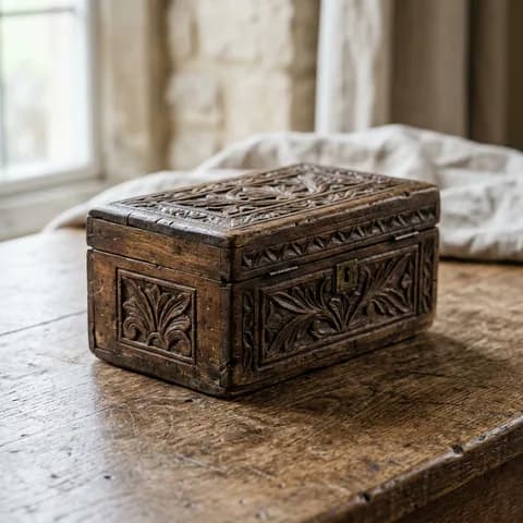 The piece at an angle. An antique clock, leather-bound book, keys, magnifier and carved boxes on a yellow background.