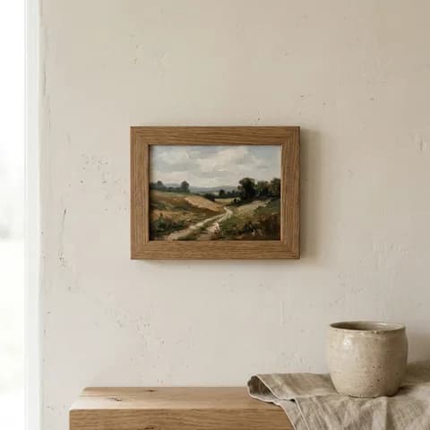 The whole work, straight on. A landscape painting in a gilded frame beside a vase and a carved wall bracket.