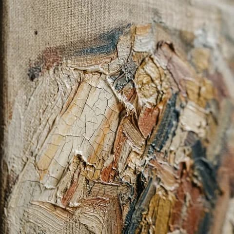 The surface, up close. A landscape painting in a gilded frame beside a vase and a carved wall bracket.