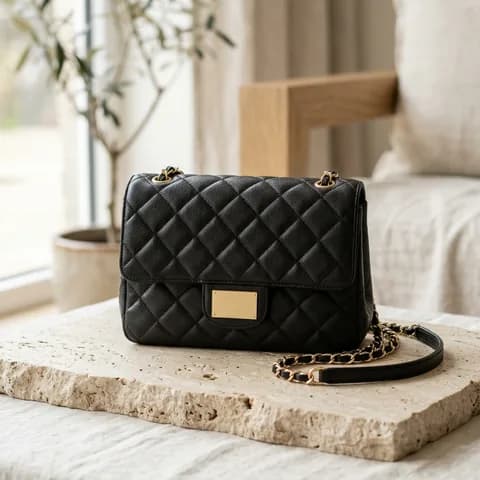 The front and the logo plate. Hands pointing at the details of quilted, monogram and leather designer handbags.