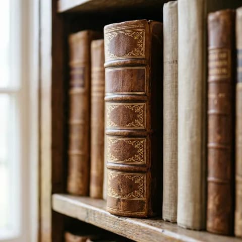 The spine and its details. An old newspaper, a leather-bound book and aged documents on a green background.