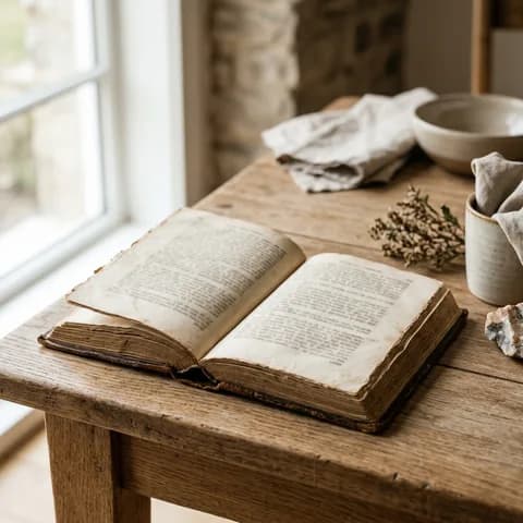 The open book, title and copyright pages. An old newspaper, a leather-bound book and aged documents on a green background.