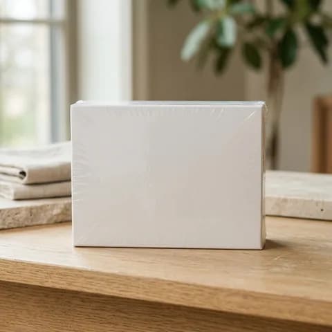 The sealed box, front on. A smartphone, tablet, smartwatch, headphones and earbuds case on a pale blue background.