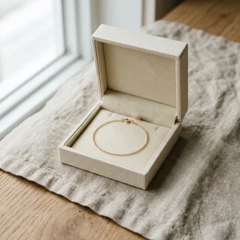 The whole piece in its box. Gold rings, a chain and diamond studs beside an emerald ring in a red velvet box.