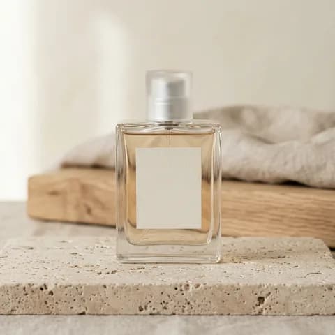 The bottle, front on. Perfume bottles, lipstick, mascara, a compact and a brush on a peach background.