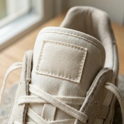 The tongue logo up close. A yellow and black high-top sneaker beside its box, a hand holding a magnifier over a knit sneaker and a UV torch lighting a shoe.