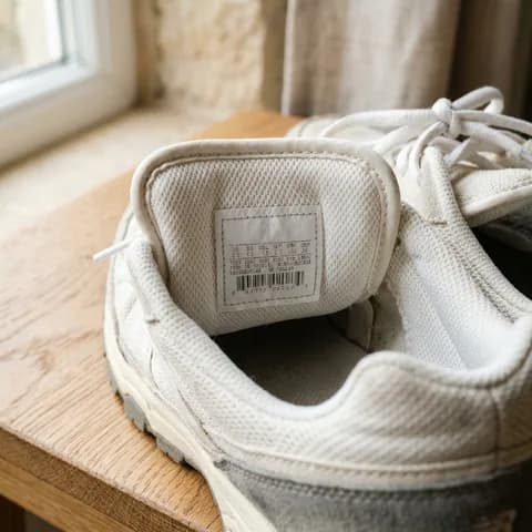 The code on the size label. A yellow and black high-top sneaker beside its box, a hand holding a magnifier over a knit sneaker and a UV torch lighting a shoe.