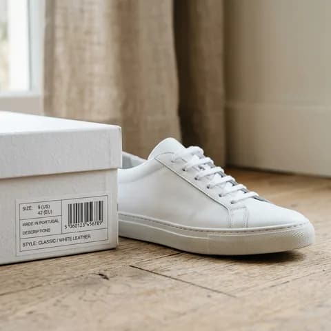 The box label beside the shoe. A yellow and black high-top sneaker beside its box, a hand holding a magnifier over a knit sneaker and a UV torch lighting a shoe.
