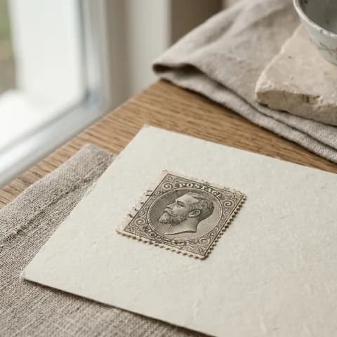 The whole stamp, front on. Postage stamps, an album, a magnifier and tongs on a wooden desk.