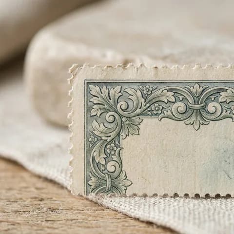 The design and printing, close up. Postage stamps, an album, a magnifier and tongs on a wooden desk.