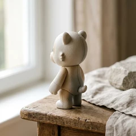 The side and the back of the figure. A plush designer figure surrounded by toy cars and building bricks on a dark surface.