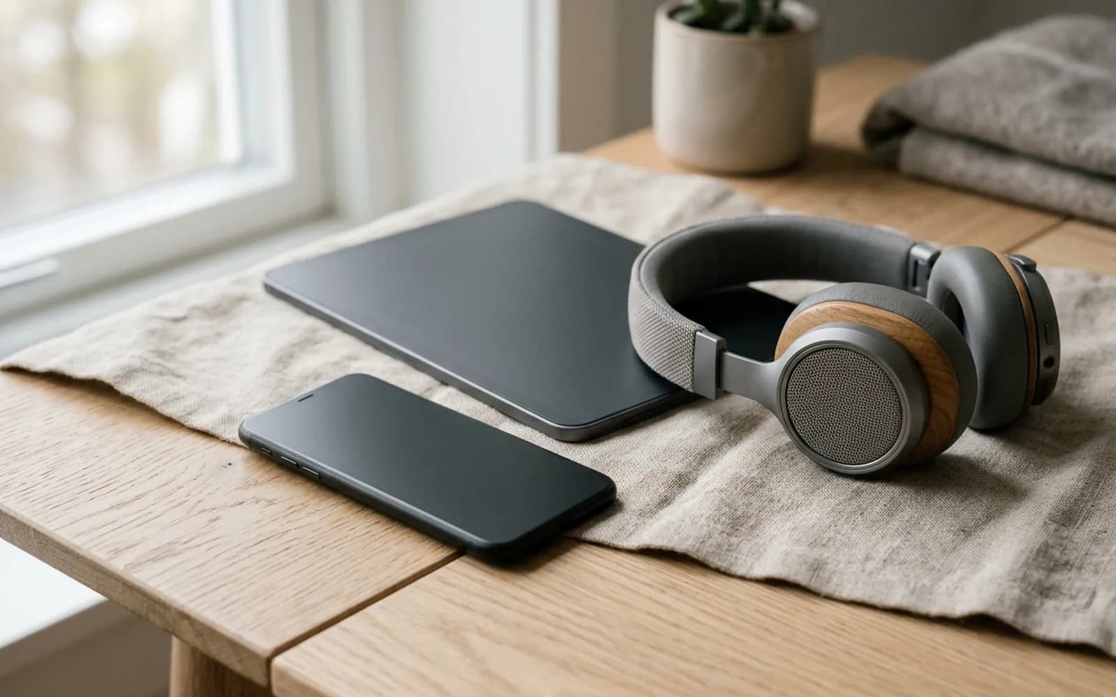 A smartphone, tablet, smartwatch, headphones and earbuds case on a pale blue background.